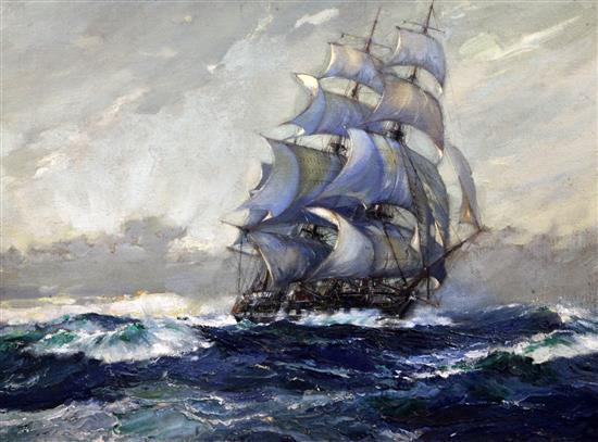 § Frank Henry Mason (1876-1965) Naval frigate in full sail, 21 x 29in.